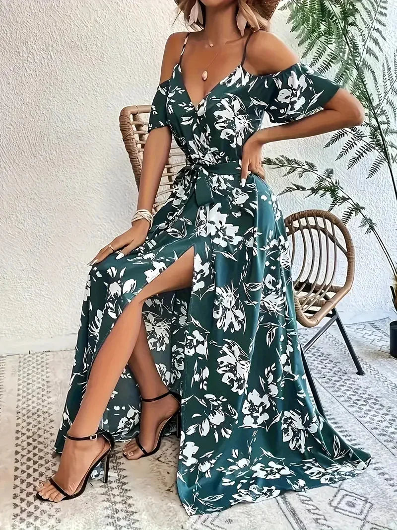 New Summer Women Print Dress 2025 Fashion Elegant  Vacation Party Short Sleeve Slim V-neck Slit Long Dresses Vestidos Para Mujer