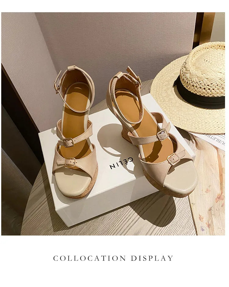 Women’s Sandals Cowhide Shoes Thick Platform Heel Sandals Elegant Lady Summer Apricot High Heel Peep Toe Buckle Sandals