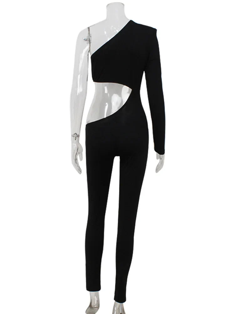 Ahagaga Sexy Club Women's Jumpsuits Single Sleeves Solid Skinny Hollow Out Long Pancil Pants Streetwear Causal Female Rompers