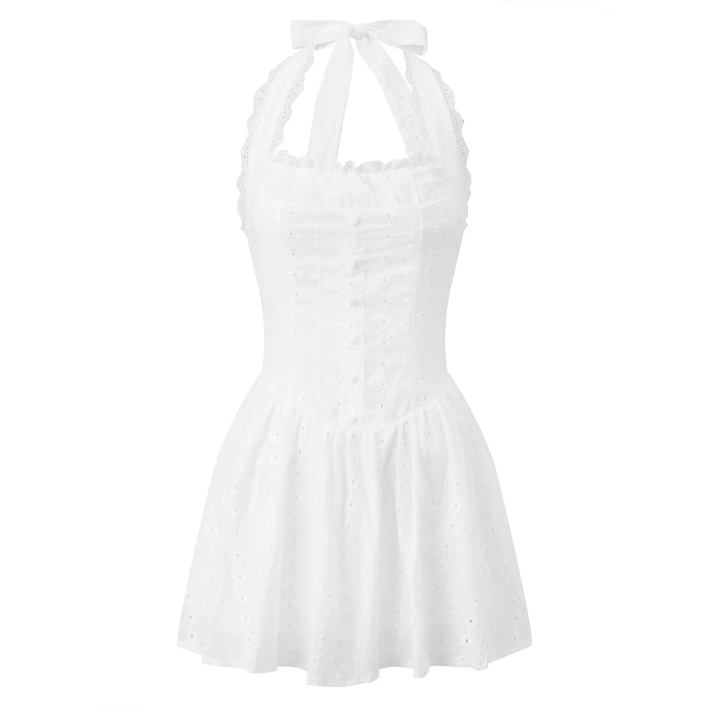Women's Summer Solid Color Halter Neck Mini Dress Lace Trim Neckline Eyelet Embroidery Backless Tie-Back Slim Party Dresses