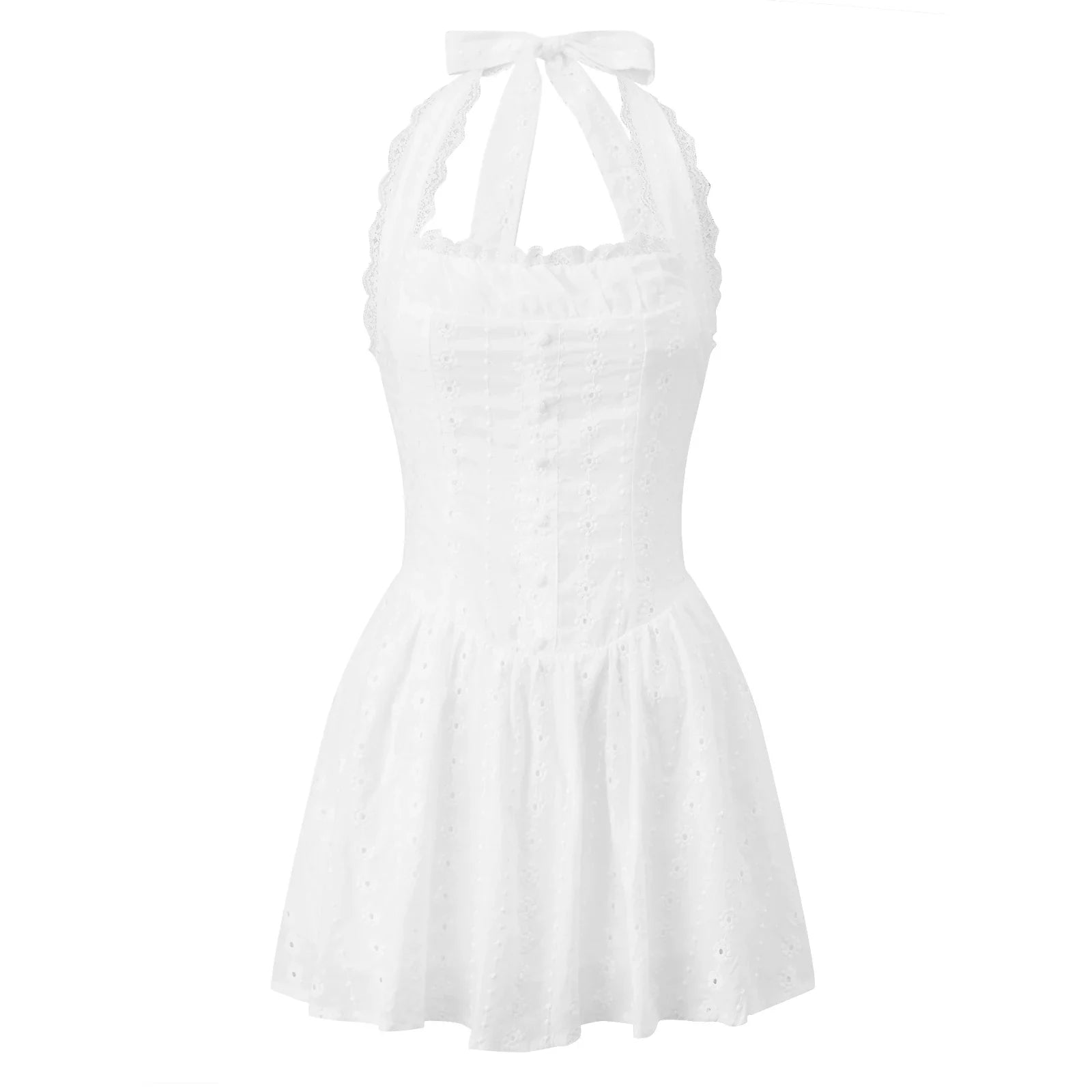 Women's Summer Solid Color Halter Neck Mini Dress Lace Trim Neckline Eyelet Embroidery Backless Tie-Back Slim Party Dresses