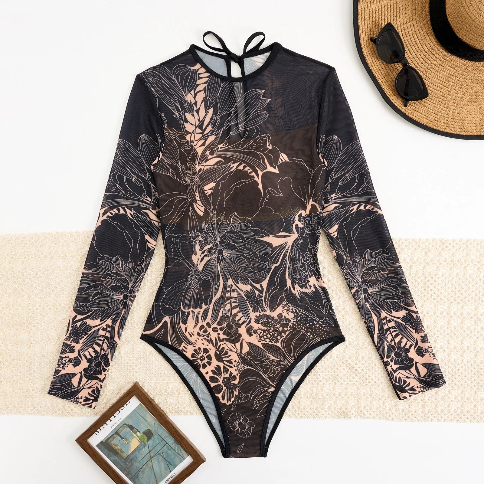Vintage Black Floral Print One Piece Swimsuit Women Summer Long Sleeve Slim Fit Swimwear Skirt Set 2025 Holiday Bathing Suits