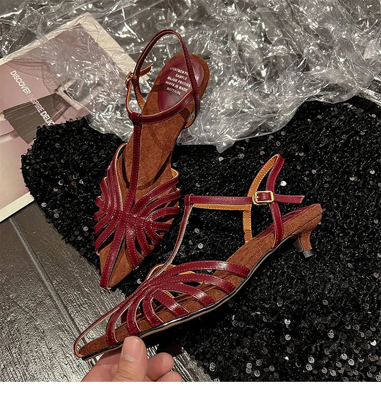 NASBAVI Designer Sandals Women Shoes Narrow Band Sexy Sandals Kitten Heels Pointed Toe Ladies Concise Footwear Summer Red Shoes