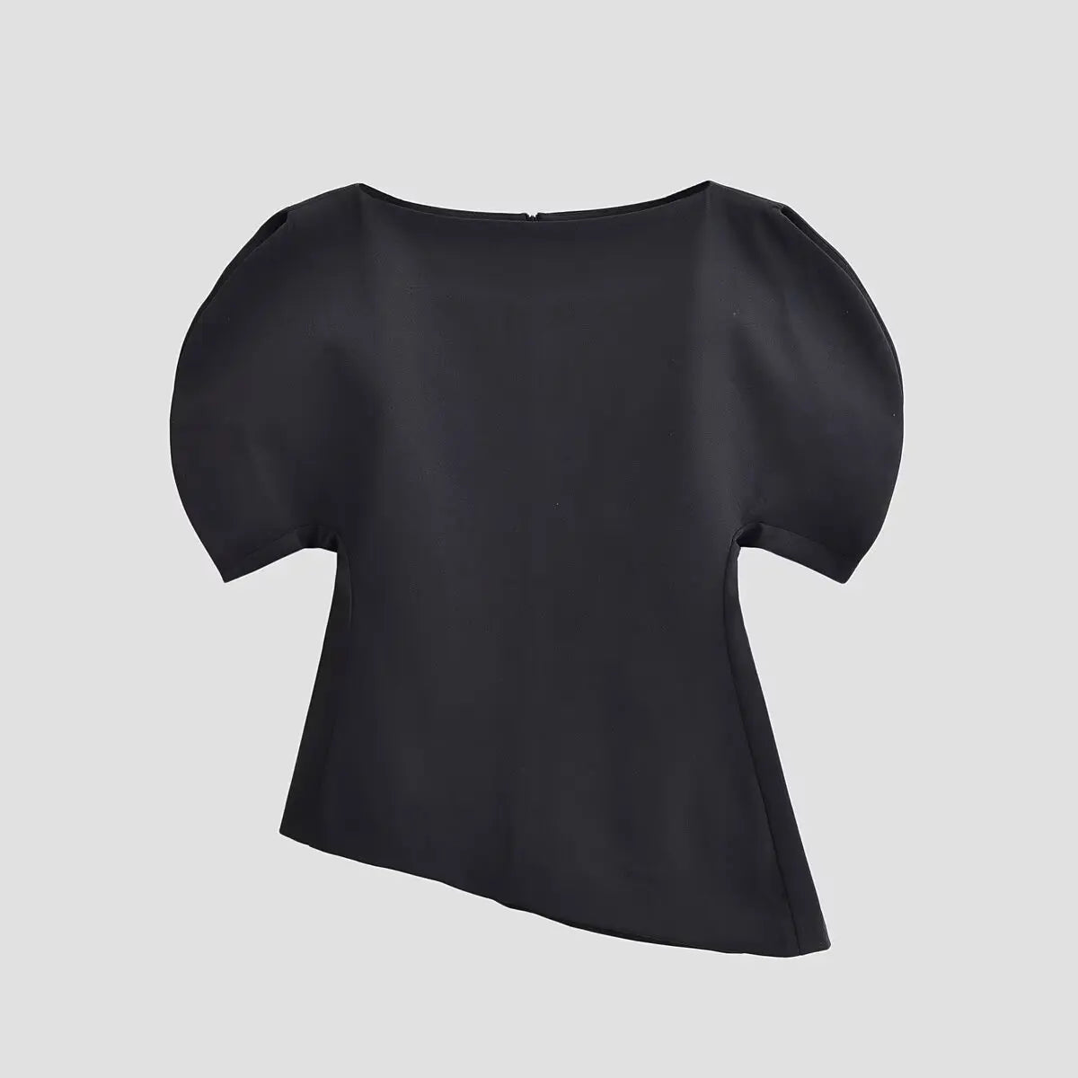 Women's Fashion Casual Short Sleeve Top Women Solid Black Boat Neck Puff Sleeve Hem Top Slim Fit Casual Blouse For Party 0PX4