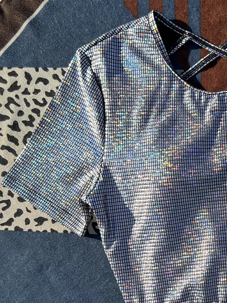 Shiny Sequins Short Sleeve Bikini Women Swimsuit Female Swimwear Two Pieces Bikini Set Cross Backless Bather Bathing Suit Swim