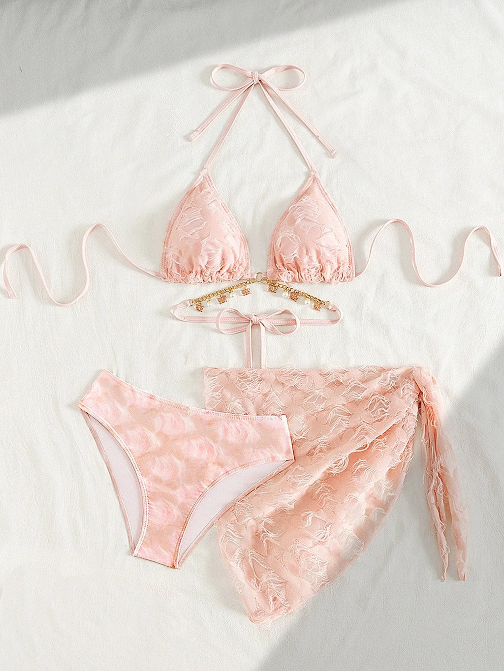 DEKA Pink Bikini Set Women Sexy 3-Piece Swimsuit Metal Chain Satin Female Swimwear New Fashion Korean Bathing Beachwear Holiday