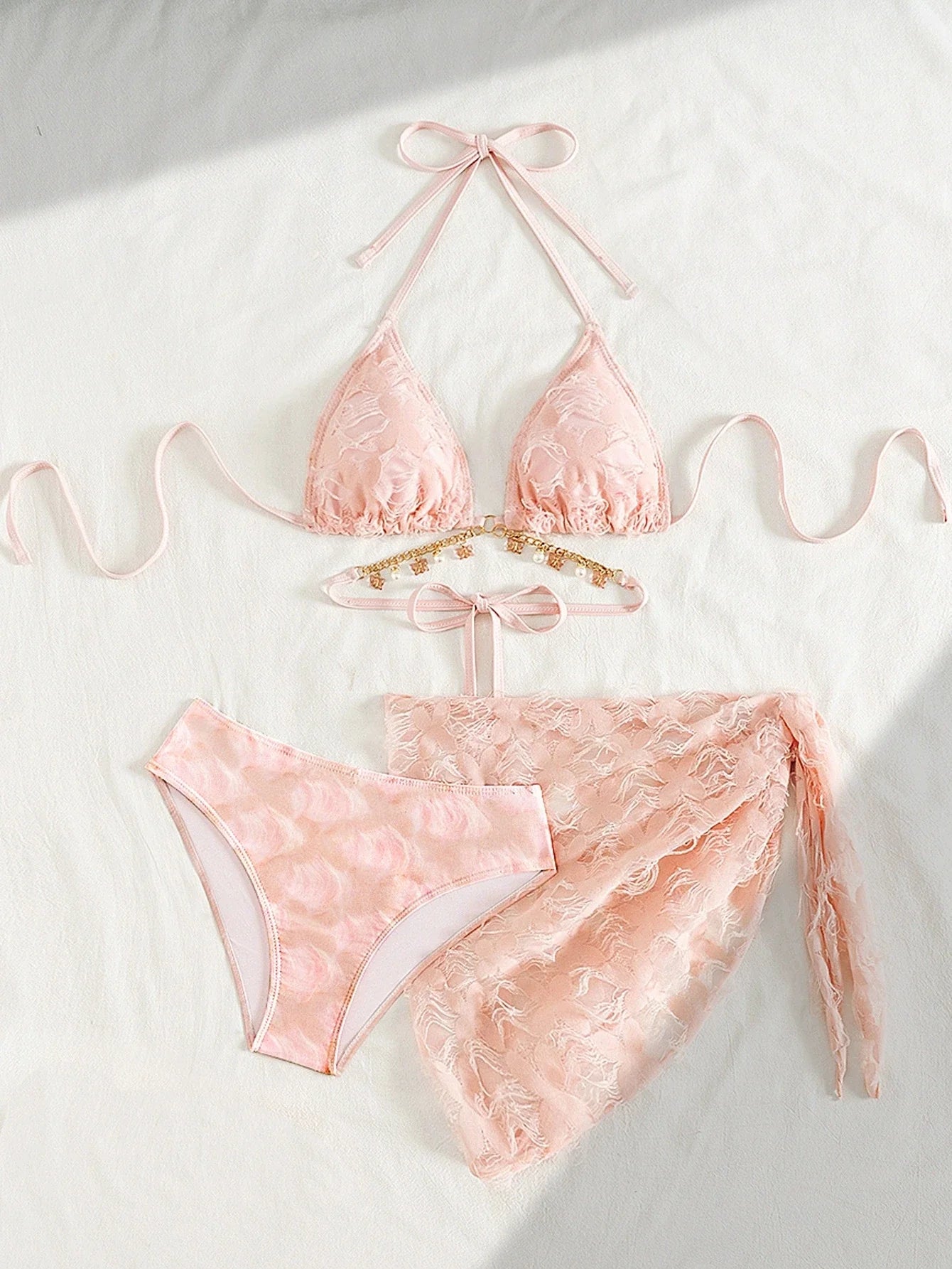 DEKA Pink Bikini Set Women Sexy 3-Piece Swimsuit Metal Chain Satin Female Swimwear New Fashion Korean Bathing Beachwear Holiday
