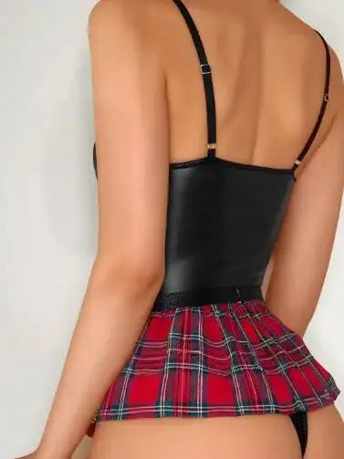New Sexy Uniform Waist Protection Ultra Short Dress Sexy Black Leather Corset With Plaid Dress For Women Pure Desire Casaul CNI0