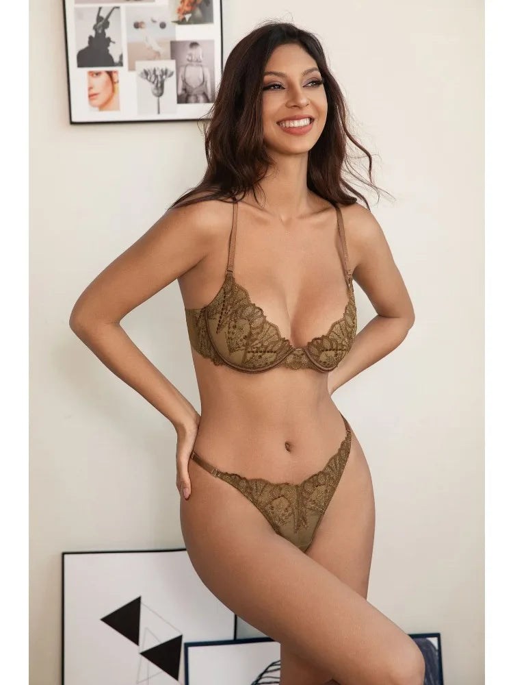Toucheart Erotic Lingerie Panty 2PCS Thin Model See-through Lace Big Breasts Appear Smaller and Prevent Sagging Delicate Bra Set