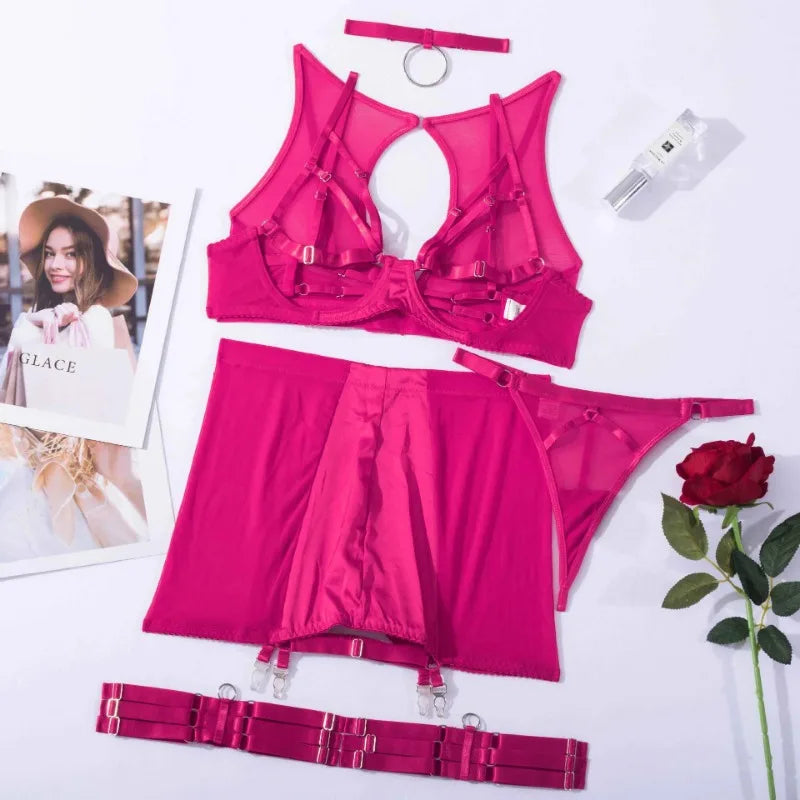 Toucheart 5-Pieces Erotic Lingerie Sexy Hip Skirt For Women Mesh Patchwork Hollow Out See-Through Lure Garters Underwear Suit
