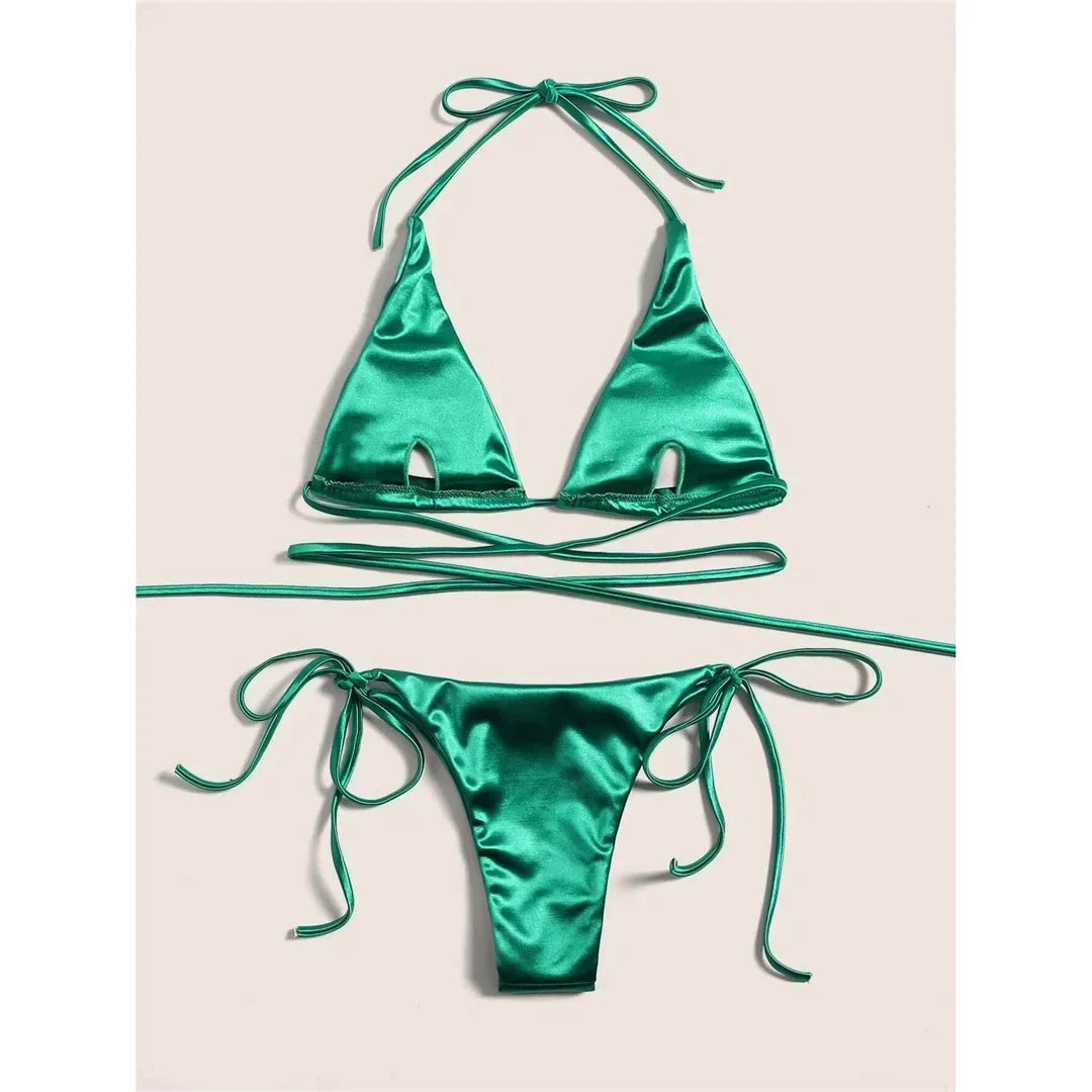 Sexy 13 Colors Halter Satin Brazilian Bikini Women Swimwear Female Swimsuit Two-pieces Bikini set Bather Bathing Suit Swim V4966