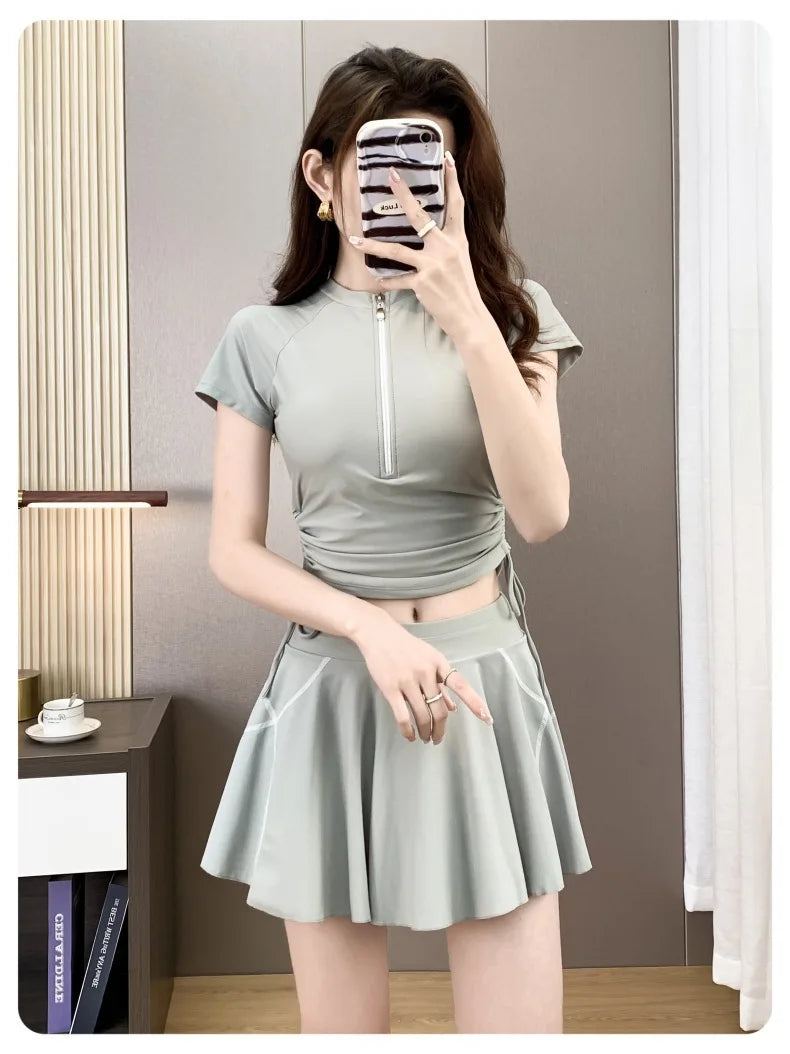 Split Sports Swimsuit, Women's Flat Corner Skirt Style Two-piece T-shirt, Girls' Student Sun Protection Swimming Suit