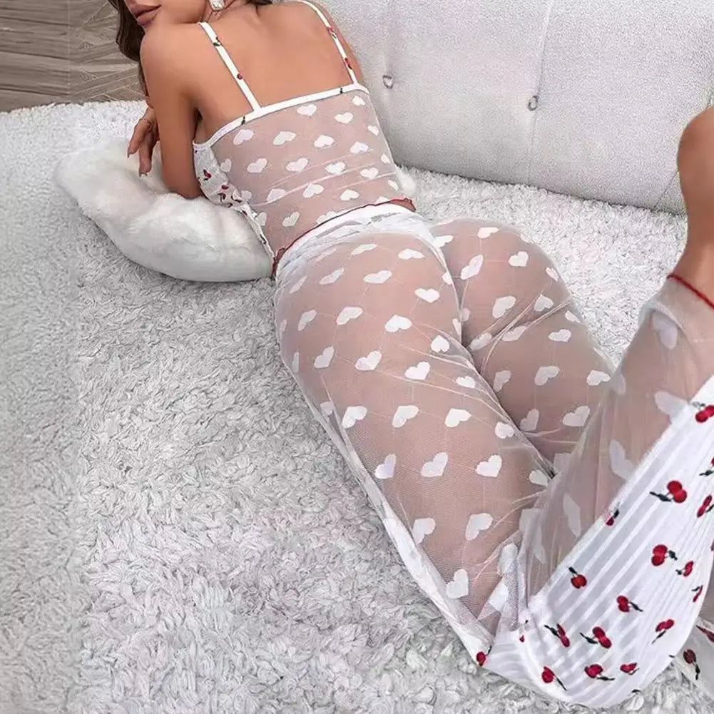 2 Pcs/Set Women Vest Pants Suit Homewear Sleepwear Outfit Bow Heart Print Sleeveless Shirring Edge Top Mesh Patchwork Trousers