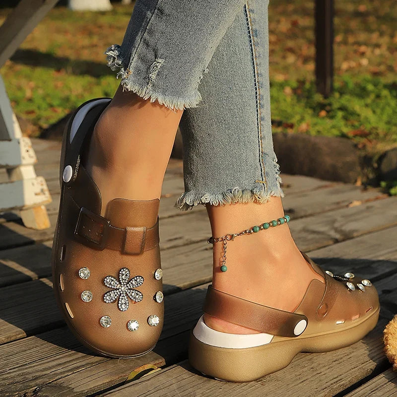 Luxury Rhinestone Pink Platform Clogs Shoes Women Crystal Flowers Hollow Out Sandals Woman Anti Slip Thick Bottom Beach Sandles