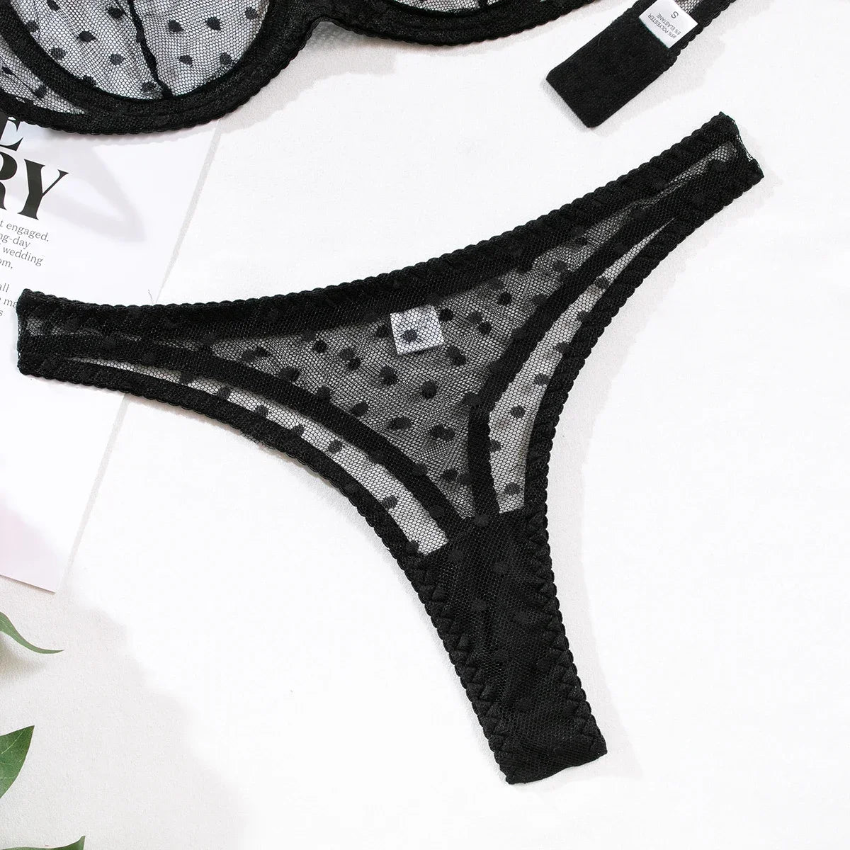 Ultra Thin Transparent Bra and Thong Set Women Sexy Underwear Polka Dot See Through Mesh Sheer Push Up Bras Lingerie Set