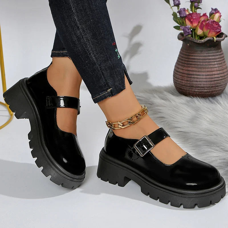 Patent Leather Thick Sole Mary Jane Shoes Women 2025 Ankle Buckle Platform Pumps Woman Round Toe High Heel Lolita Shoes Female