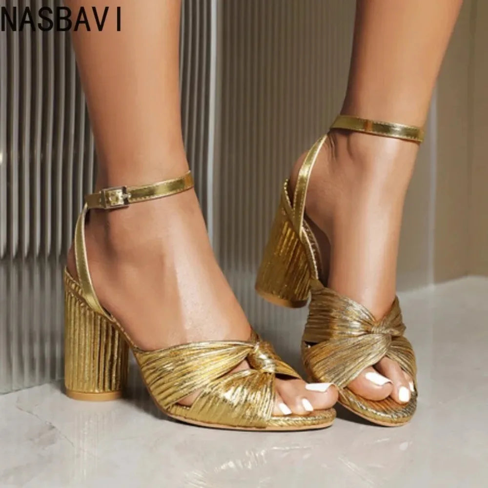 NASBAVI Straps Women's Sandals Summer Shoes Luxury Peep Toe Flip Flops Round High Heels Gold Party Dance Wedding Shoes Ladies