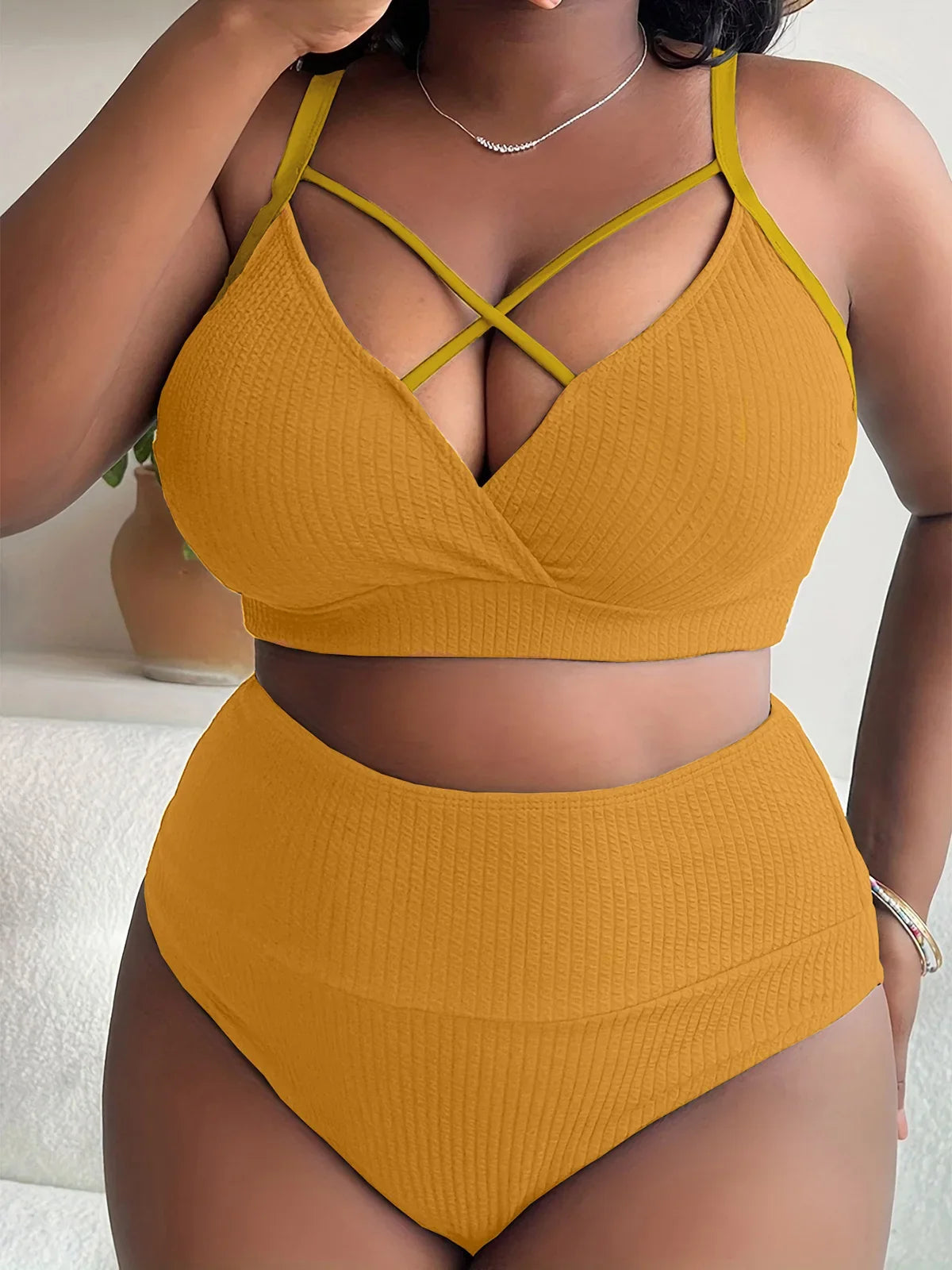 0XL - 4XL Ribbed Bikini Large Size Swimwear Plus Size Women Swimsuit Female Two-pieces Bikini Set Bather Bathing Suit Swim V4982