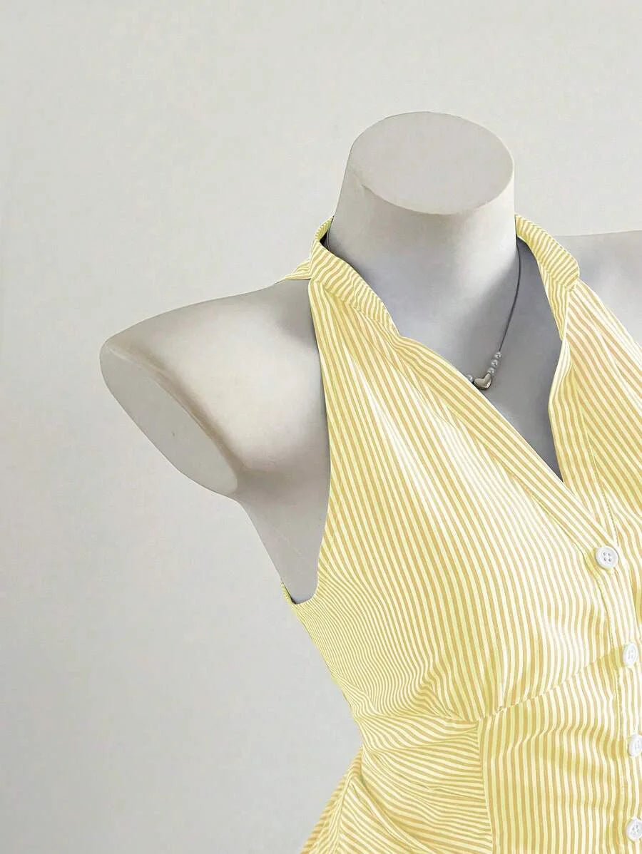 Summer Casual Shirt Women's Blue Striped Halter Top V Neck Button Down Sleeveless Slim Fit Blouse 2026 Y2K Style Streetwear