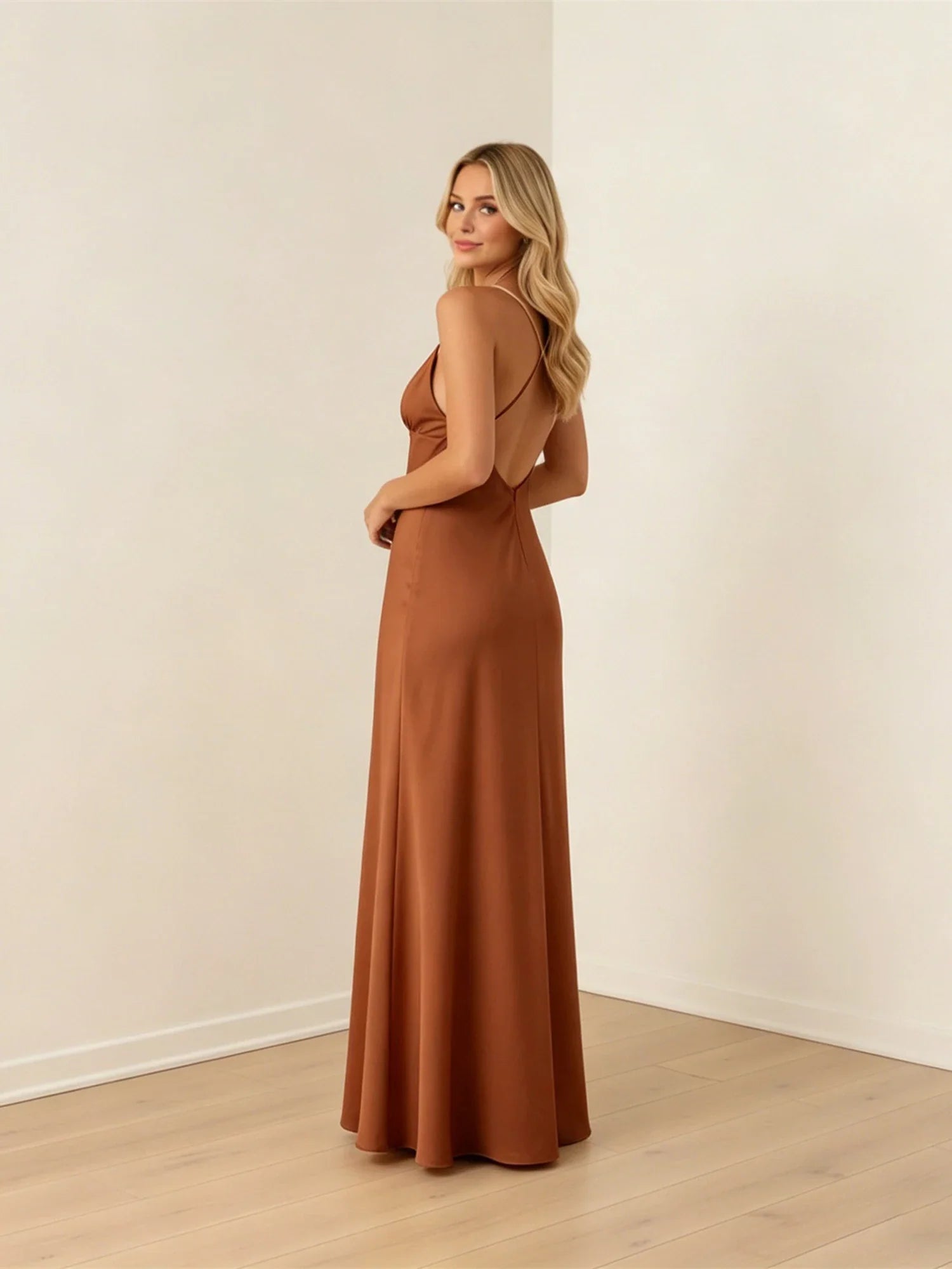 Summer Women's Satin Long Dress Spaghetti Strap Sleeveless V Neck Cutout Slim Fit Elegant Dress for Party Evening Solid Color
