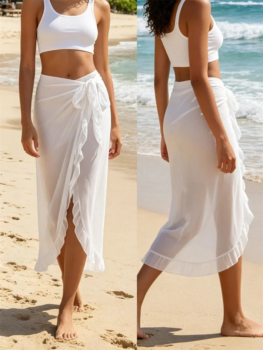 Women Chiffon Bikini Cover-ups See Through Ruffle Beach Long Skirts Summer Holiday Beach Sun Protection Shawl