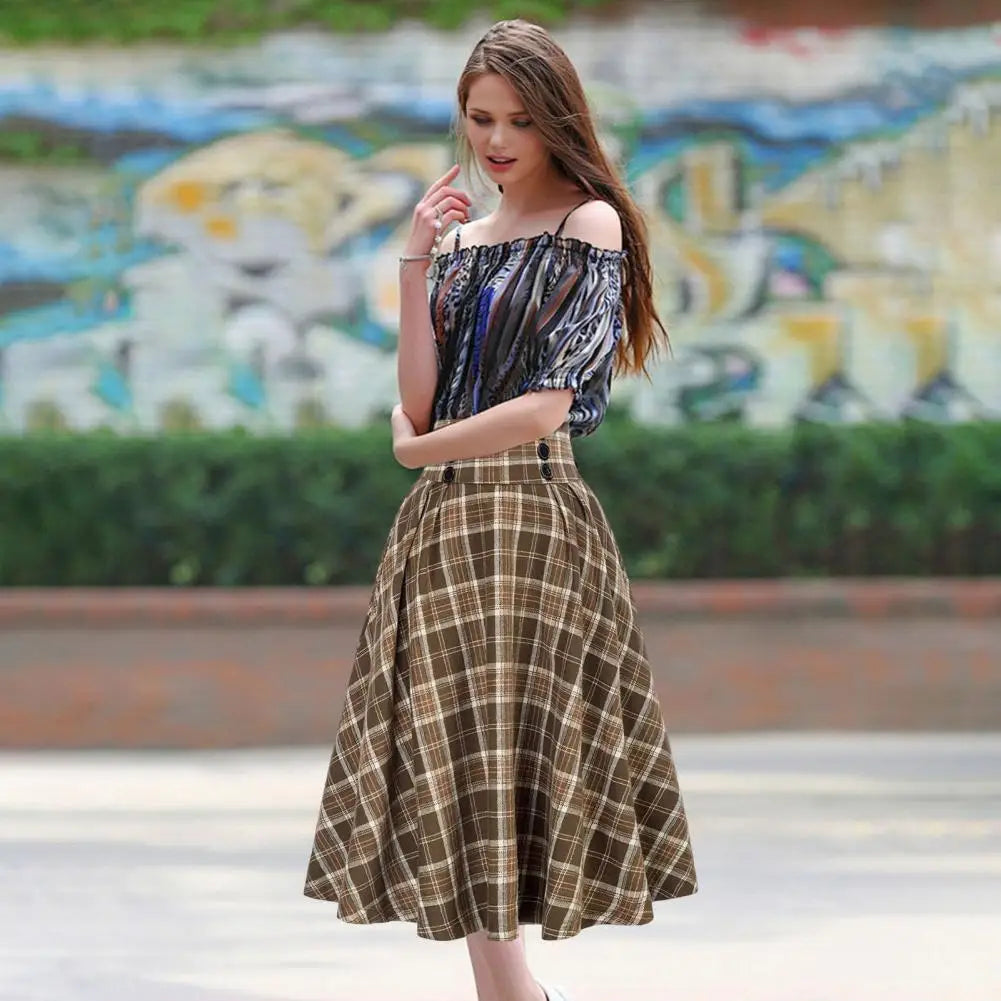 High Waist A-Line Skirt Women Midi Skirt Plaid Print Large Hem Design Autumn Winter Skirt Streetwear
