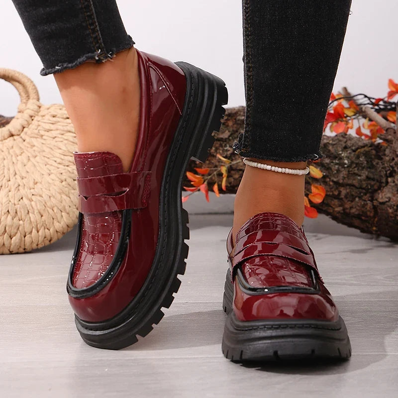 Patent Leather Chunky Platform Loafers Women British Style Plus Size 43 Thick Heel Pumps Woman Slip On Round Toe Oxford Shoes