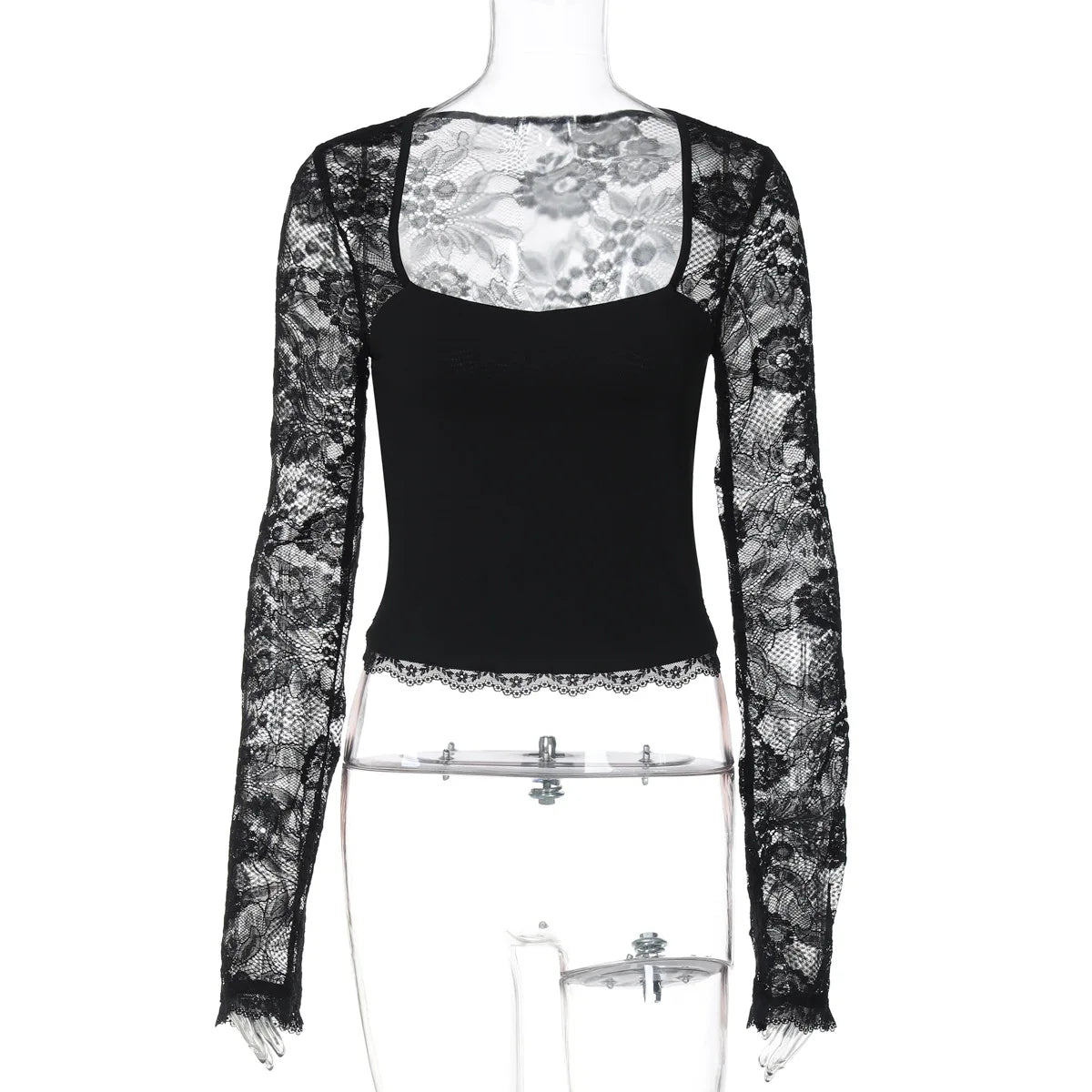 FDYOUI 2026 New Lace Patchwork Long Sleeve T-shirts for Women Square Collar See-through Slim Crop Tops White Black Tee Shirt