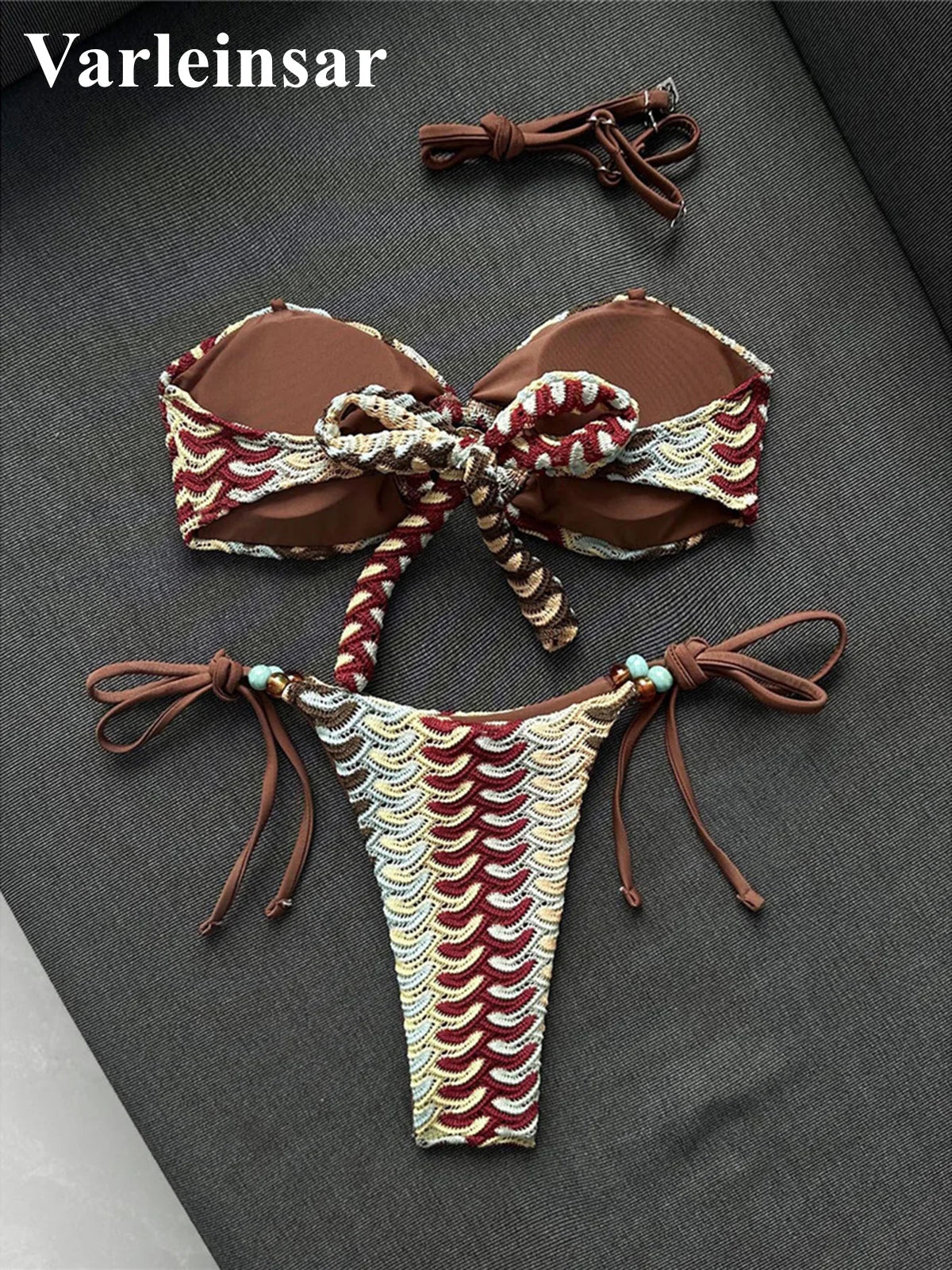 Printed Halter Bandeau Bikini Female Swimsuit Women Swimwear Two-Pieces Bikini Set High Leg Cut Bather Bathing Suit Swim V8338