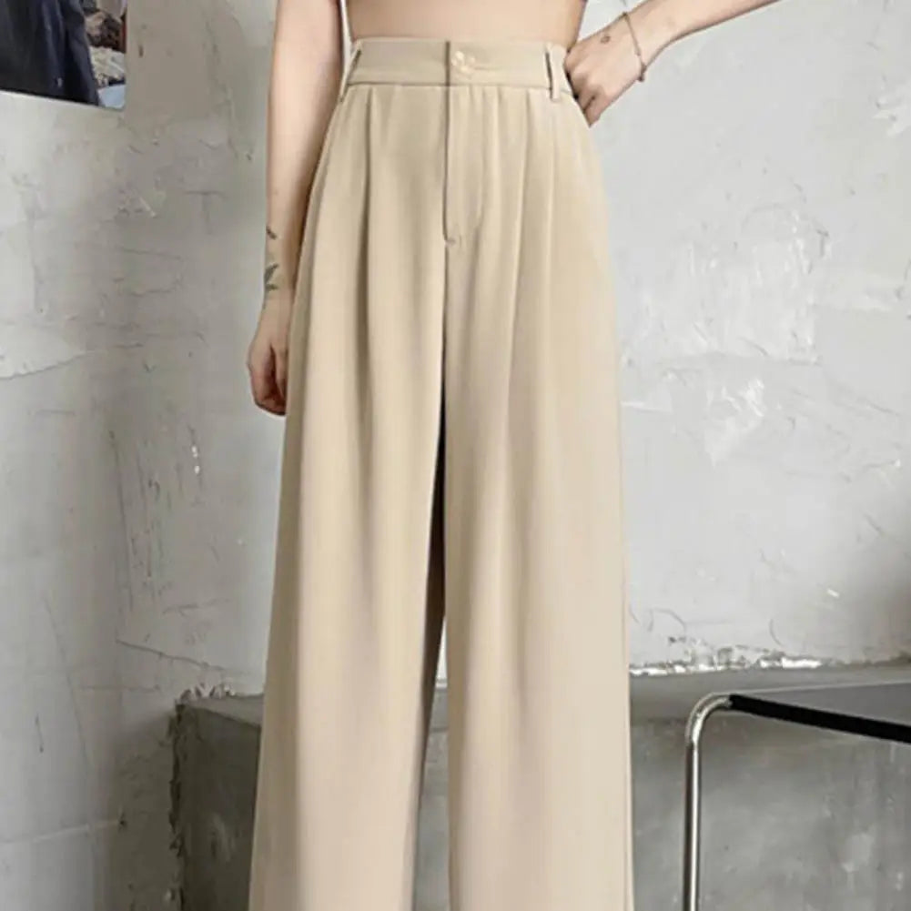 Women High Waist Straight Wide Leg Pants Solid Color Suit Pants Elastic Slant Pockets Loose Office Trousers