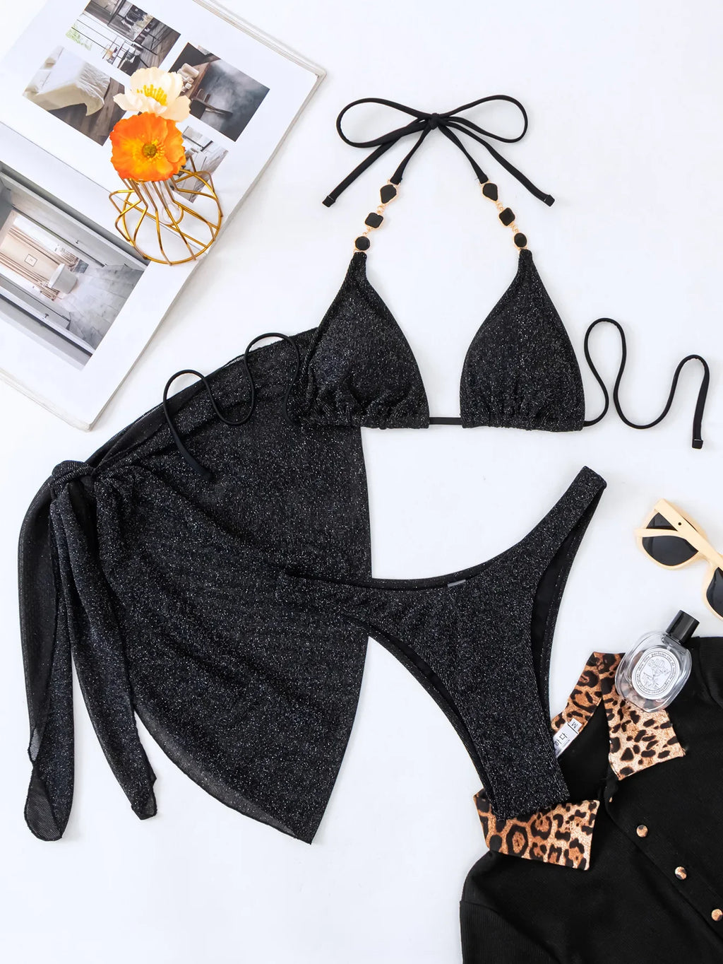 DEKA Women New Sexy Diamond Black Chain Bikinis Set Rhinestones 3 PCS Swiwmear Crystal Swimsuit Fashion Strap Bathing Suit