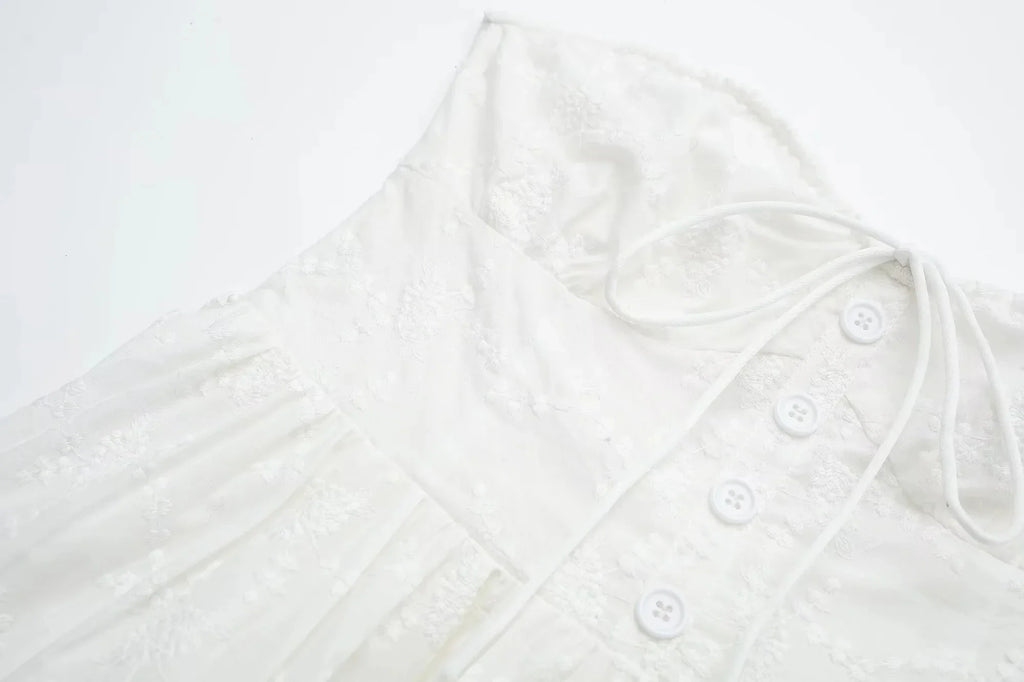 Foridol Button Bowknot Off Shoulder White Lace Mini Dress Summer Beach Embriodery Short Party Holiday Vestidos Smocked 2025