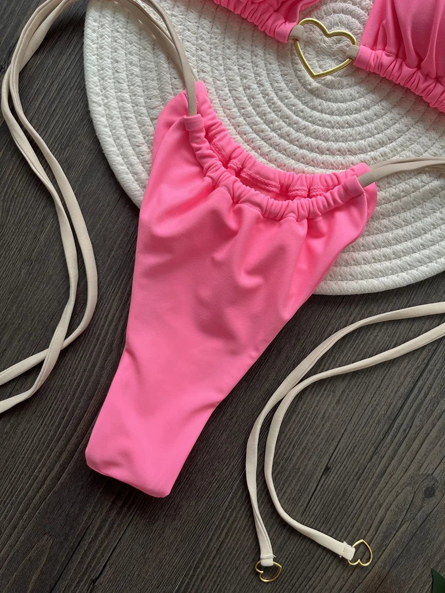 Metal Heart-shaped Halter Brazilian Bikini Female Swimsuit Women Thong Swimwear Two-pieces Bikini Set Bather Bathing Suit Swim