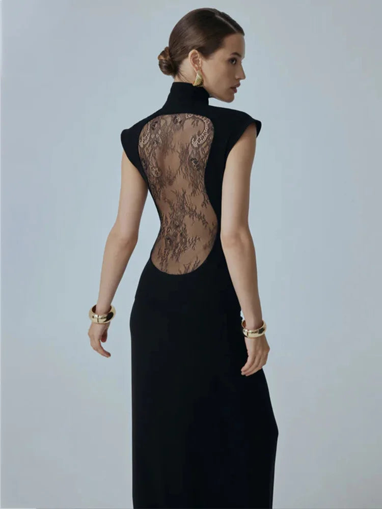 Ahagaga Fashion Sexy Women's Maxi Dresses Turtleneck Short Sleeves Hollow Out Lace Patchwork Sheath Split Party Solid Vestidos