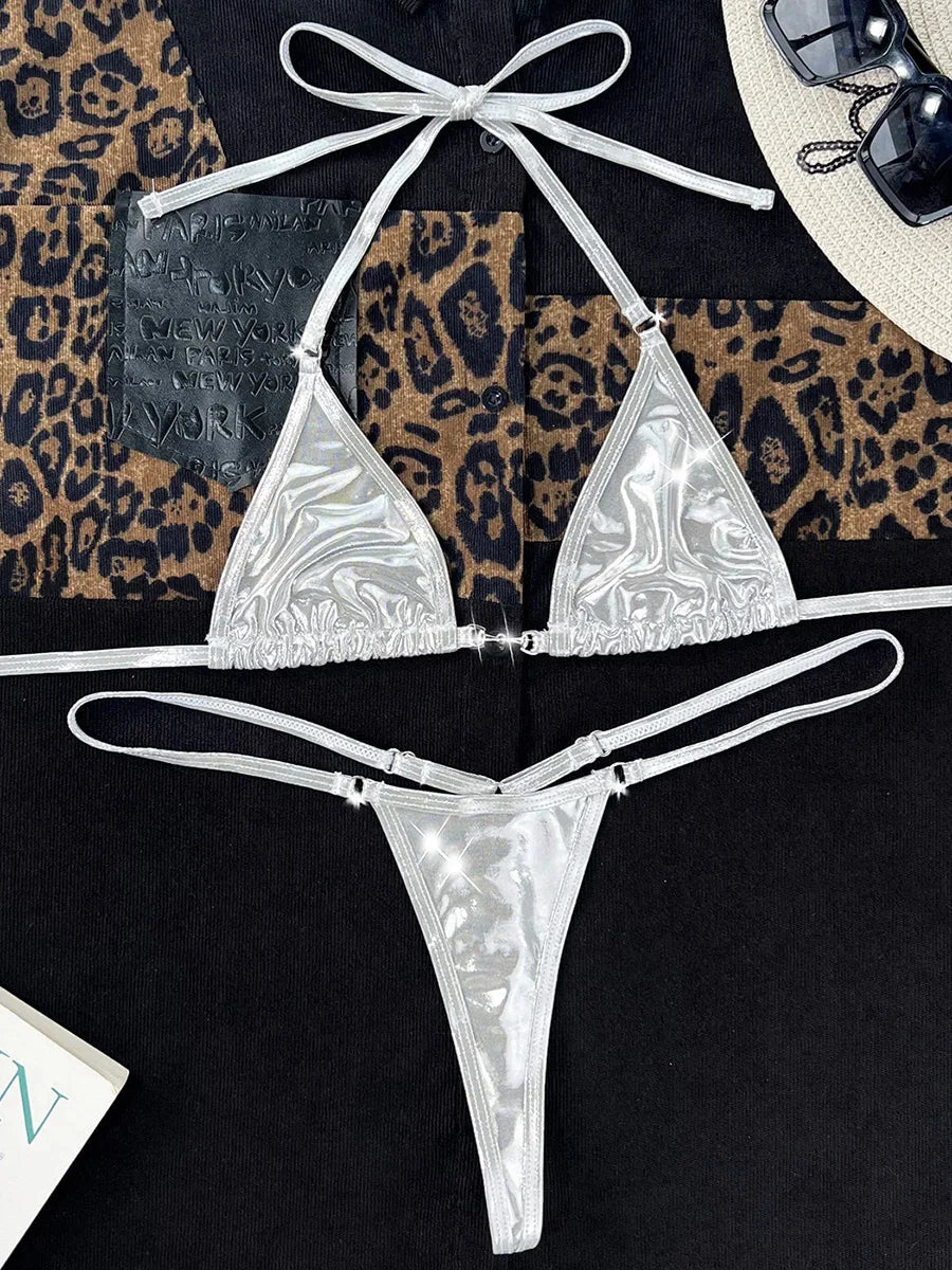 Shiny PU Leather Extreme Mini Micro String Bikini Female Swimsuit Women Swimwear Two-pieces Bikini Set Halter Bathing Suit Swim