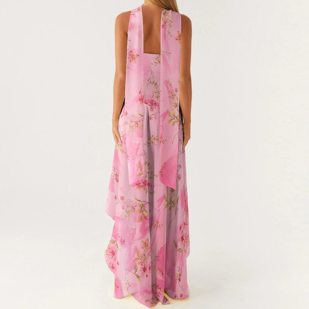 Women Summer Casual Tube Dress Fashion Solid Color/Floral Print High Low Ruffles Long Dresses with Scarf