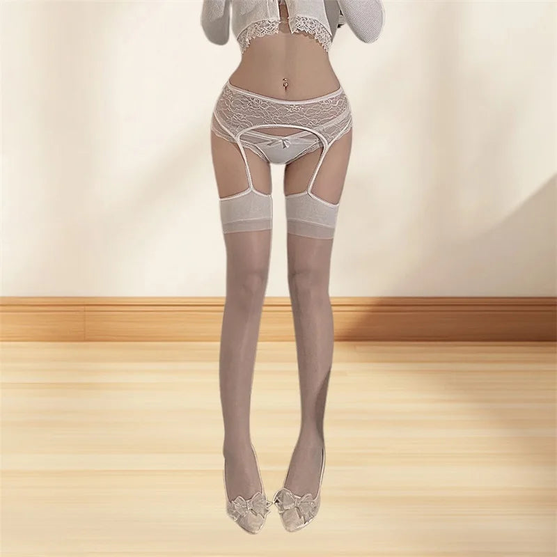 Women's Suspender Tights Sheer Lace Stockings Crotchless Pantyhose with Garter Belt