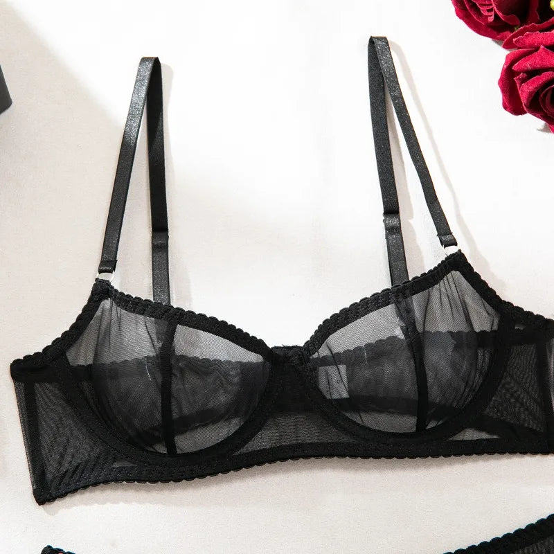Toucheart Erotic Lingerie Comfortable Mesh Sexy Body Shaping Ultra-thin See-through Sexy Underwear Four-piece Set with Stockings