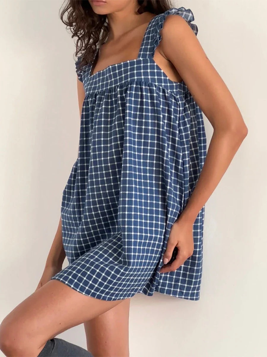 Summer Mini Plaid Print A line Dress for Women Sleeveless Ruffle Trim Square Neck Loose Fitting Cami Dress With Pocket