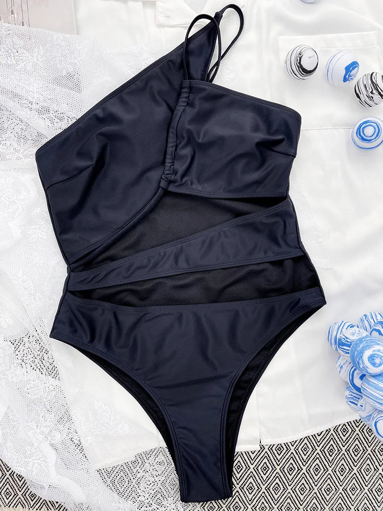 Sexy One Shoulder Tummy Cut Out Monokini One Piece Swimsuit Women Swimwear Female Bather Asymmetric Bathing Suit Swim Beachwear