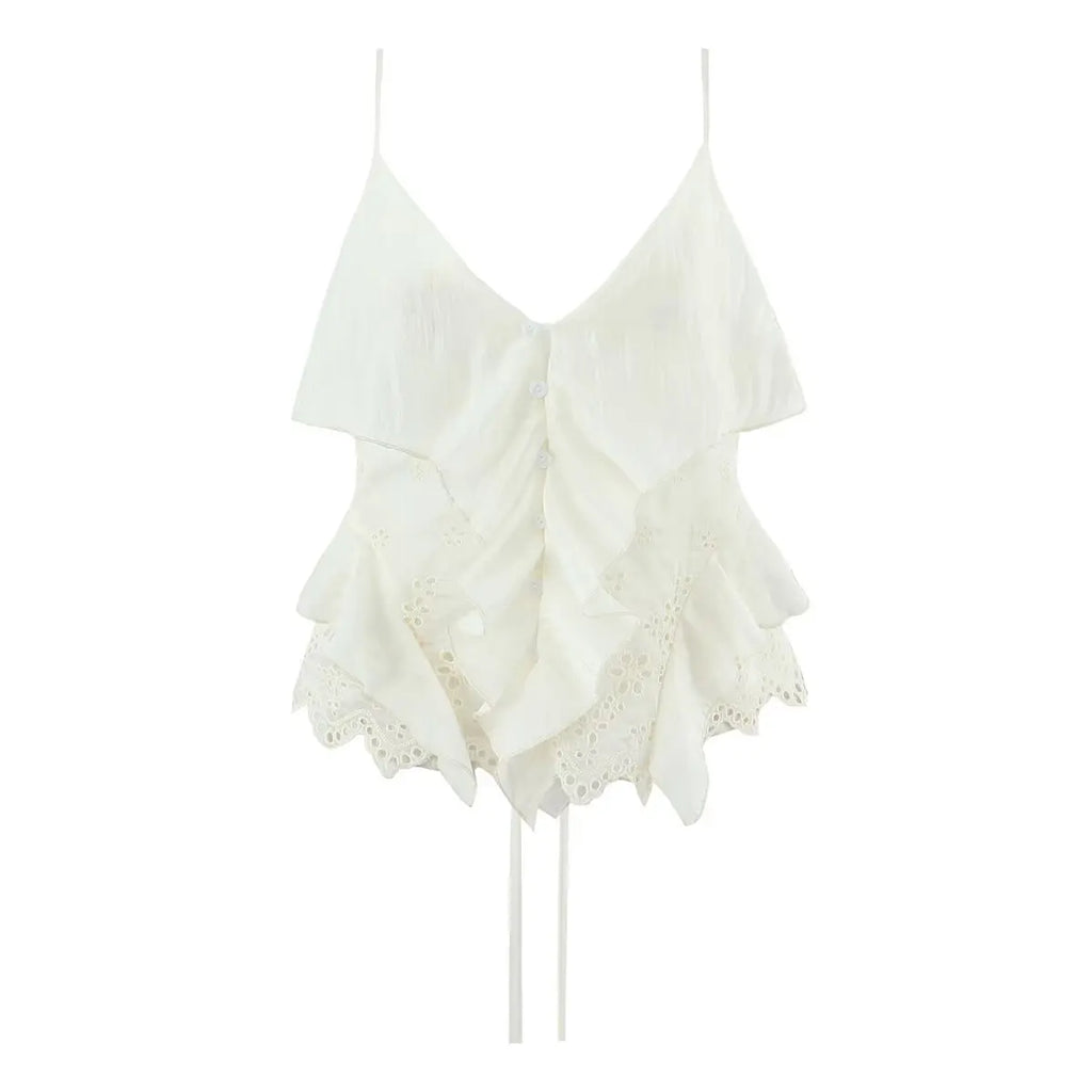 Women's Ruffled Lace Trim Loose Pants For Woman White Ruffled Embroidery Camisole Straps Button Front For Sweet Summer Look WM6E