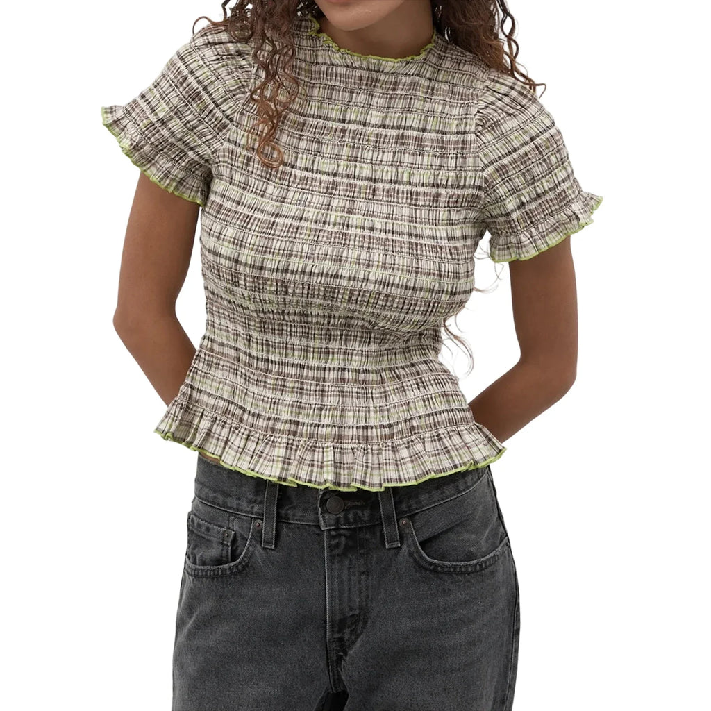Women Casual Summer Plaid Print Shirred Tops Slim Mock Neck Short Sleeve Crop Ruffle T-shirts Streetwear