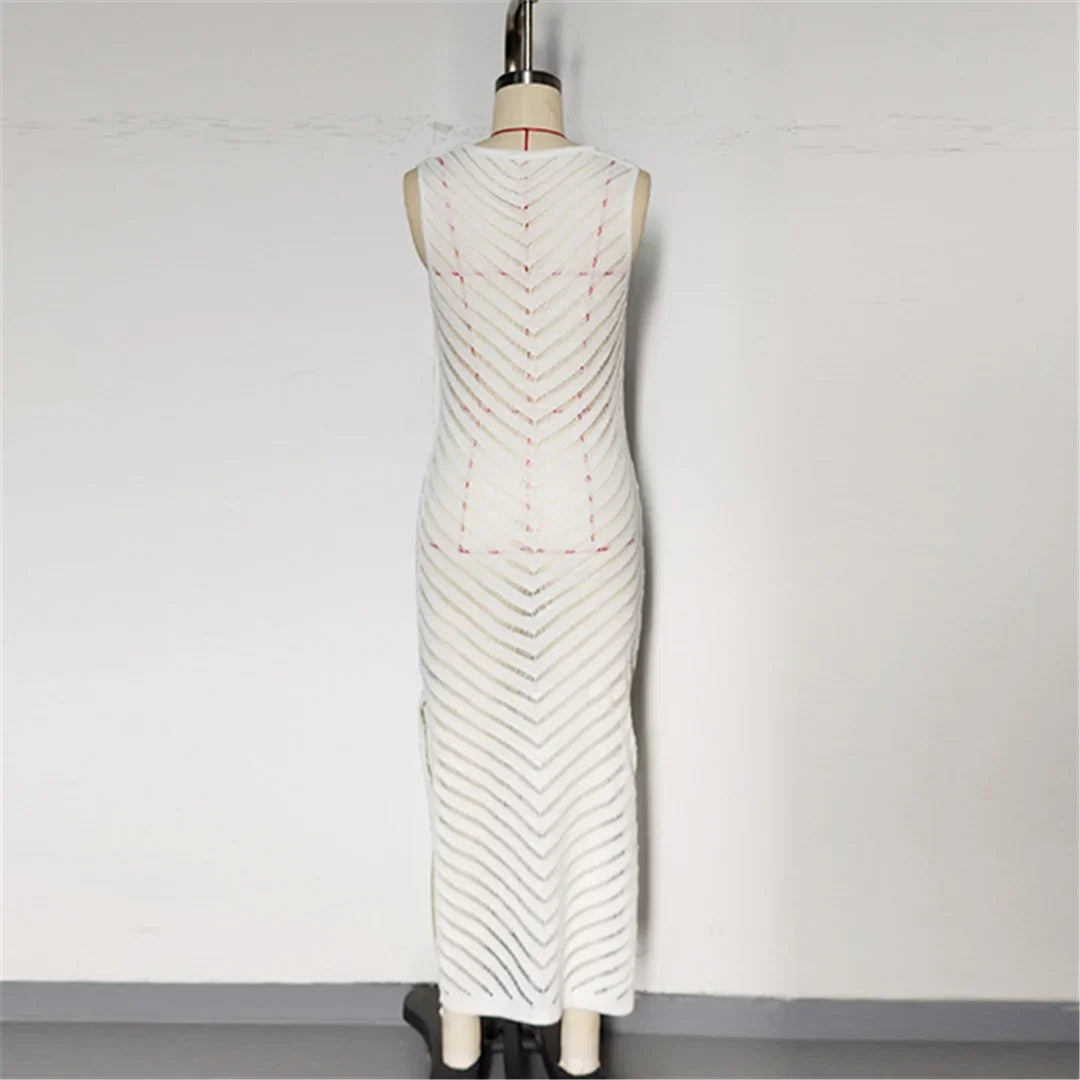 Hollow Out Sleeveless Crochet Knitted Tunic Beach Cover Up Cover-ups Mini Beach Dress Beach Wear Beachwear Female Women V6745