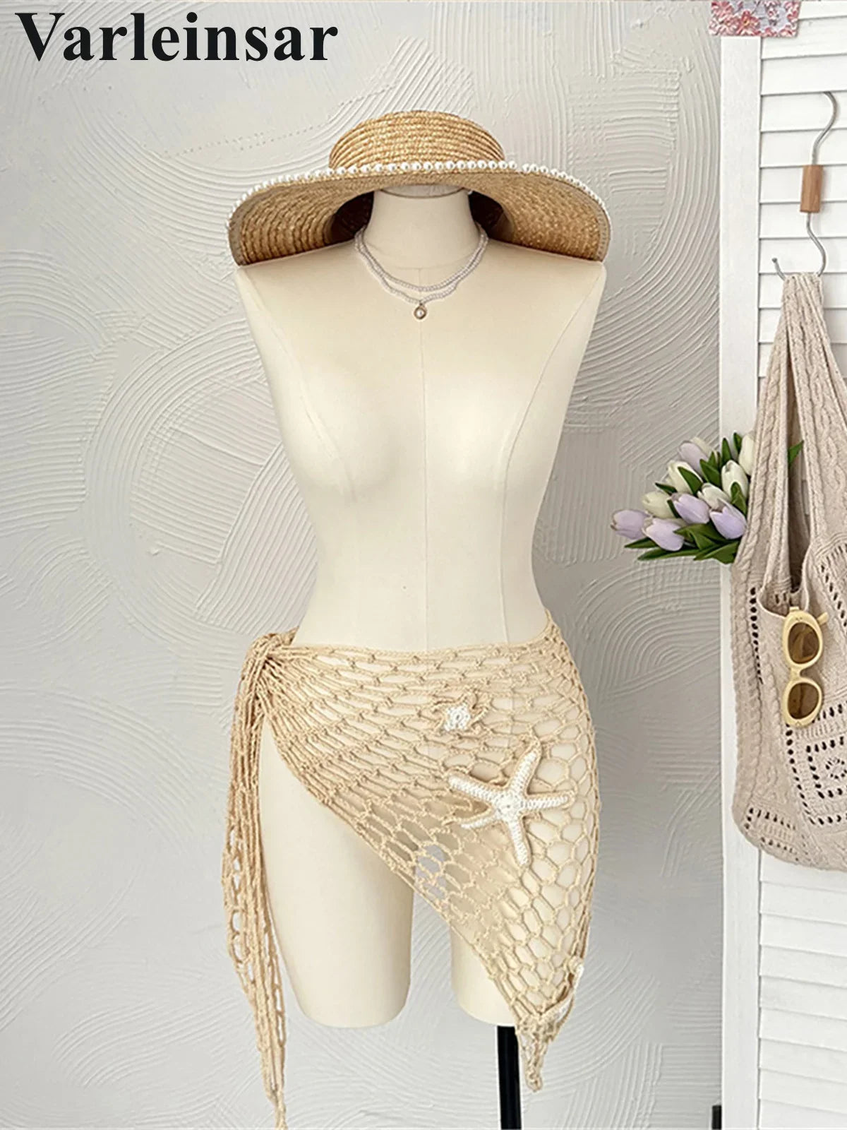 New 3D Star Hollow Out Crochet Knitted Sarong Pareo Beach Dress Beach Wear Beachwear Beach Cover Up Cover-upsFemale Women V7309