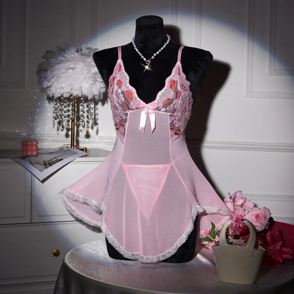 Pink Transparent Ultra Thin Hot Nightgown Women's Pajamas With Thongs Lace Mesh Dress For Sex V-Neck Backless Sexy Lingerie
