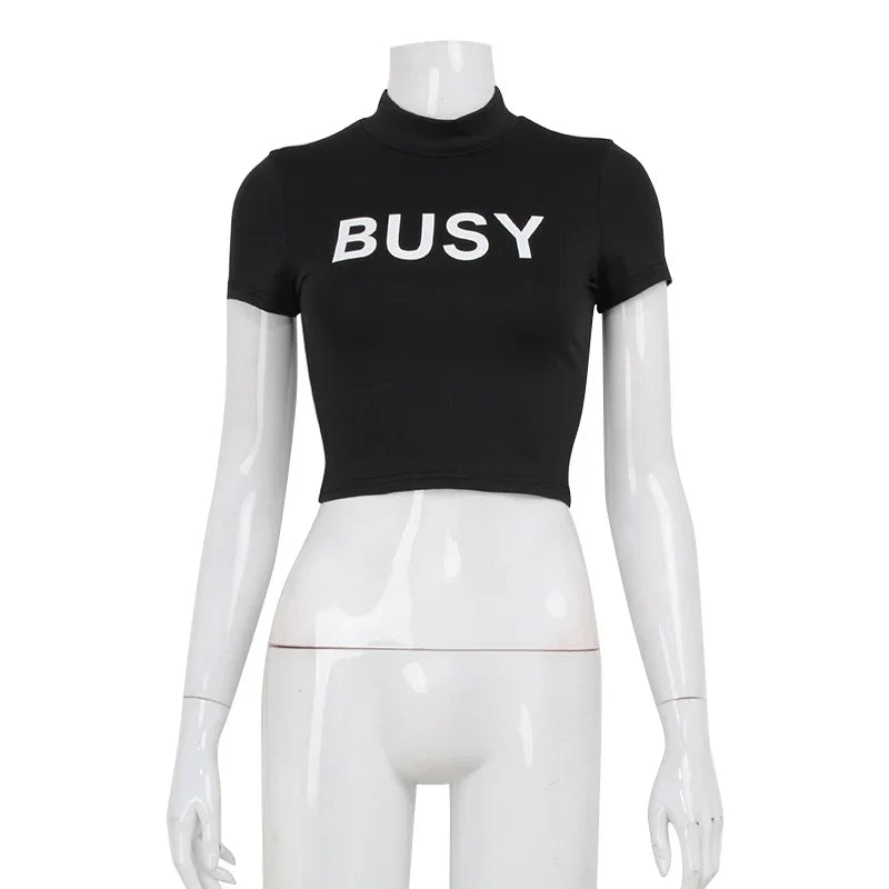Ahagaga Women's Basic Sexy O-neck Slim Letter Printed T-shirts Short Sleeve Fashion Casual Solid Sheath Tops Tees Blusas Female