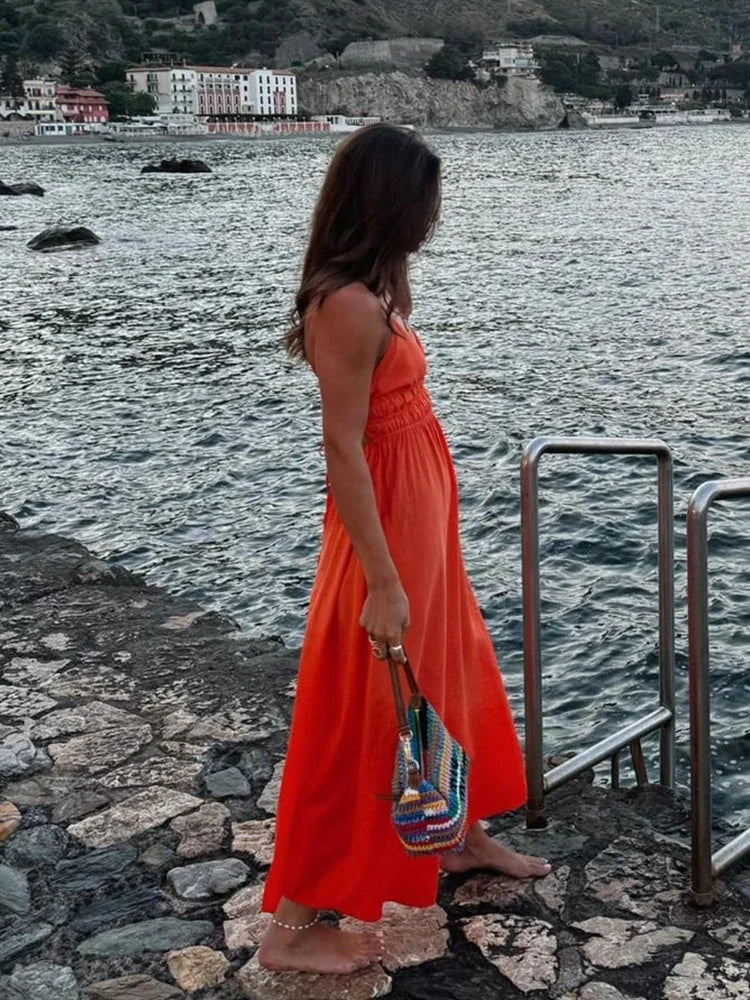 Foridol Orange Backless Tie Up Sexy Summer Women Dress V Neck A-line Beach Slip Dress 2025 Spaghetti Strap Party Midi Vestidos