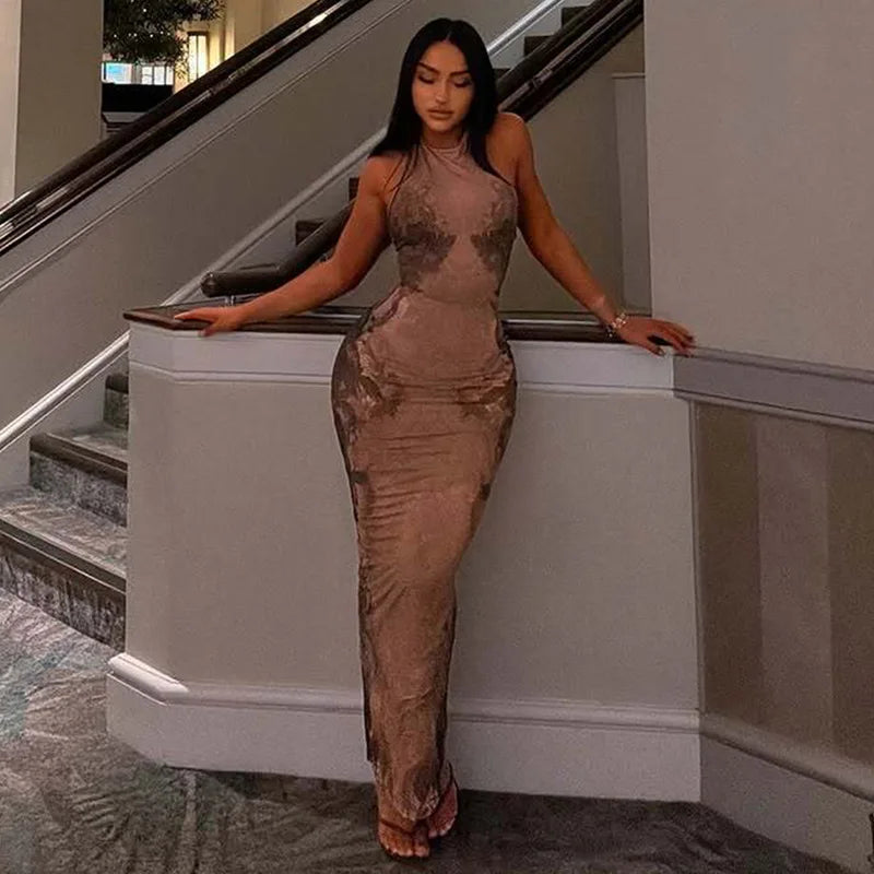 FDYOUI Women Vintage Halter Printed Long Party Club Dresses 2026 Summer Ladies Sexy Backless Lace-up Bodycon Evening Prom Dress