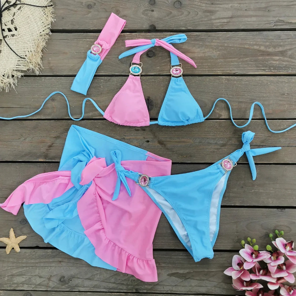 Sexy Skirt 4 Pieces Bikini Set Women Luxury Blue Patchwork Rhinestone Push Up Cover Up Swimsuit 2024 Beach Bathing Suit Swimwear