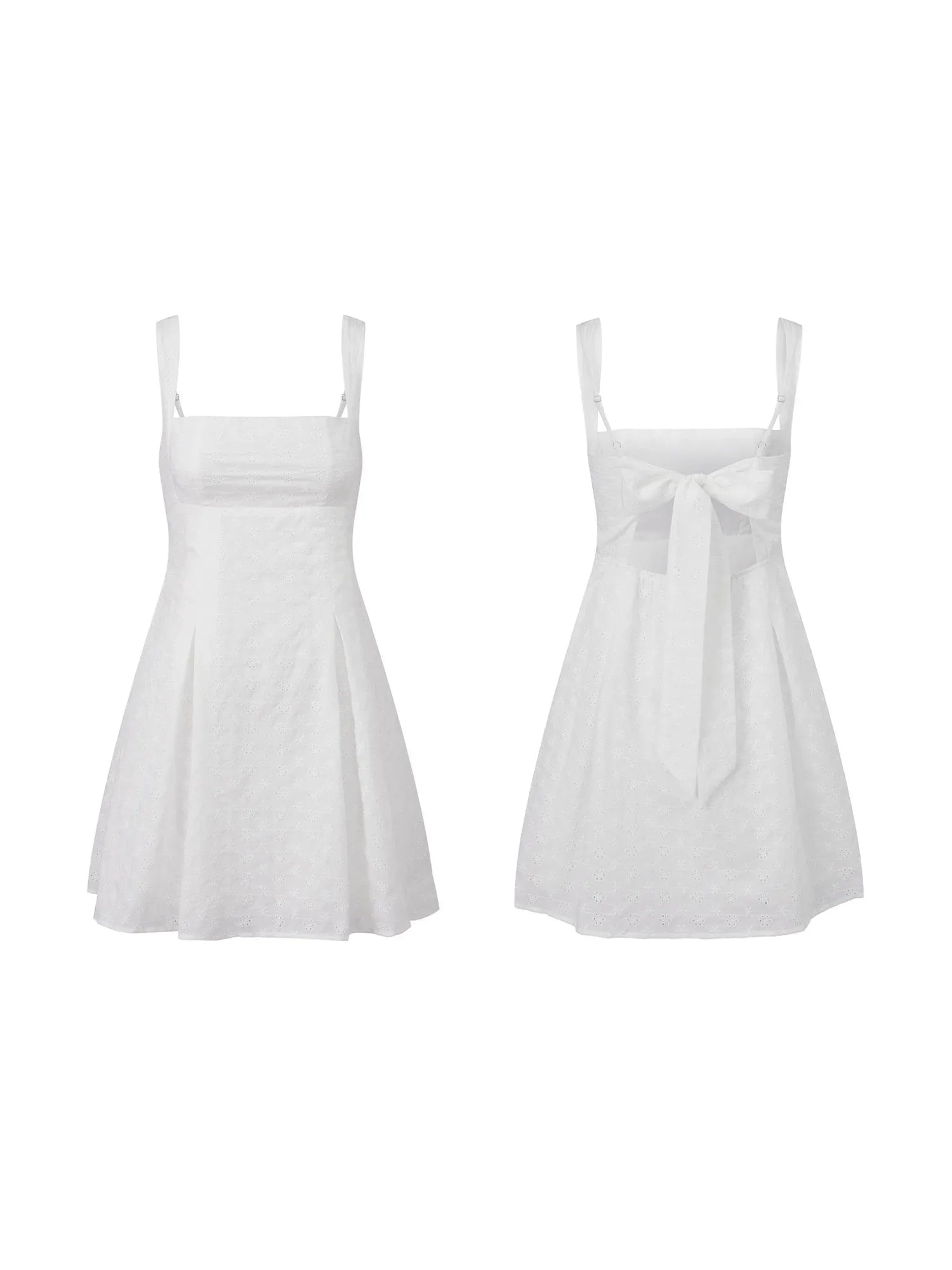 2026 Summer Women's Floral Eyelet White Cami Dress Sleeveless Square Neck A-line Dress Beach Bohemian Retro Sundress